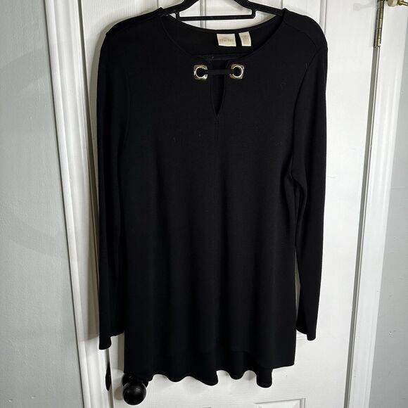 Chico's Black Tunic 2 High Low Long Black Tunic Gold Hardware Large - Picture 1 of 11